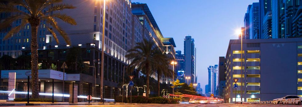 Light trails on Dubai Financial Center road. Dubai. Outdoors