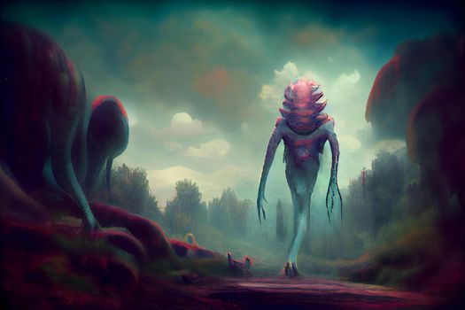 creepy fantastic nightmare alien creature, neural network generated art. Digitally generated image. Not based on any actual scene or pattern.