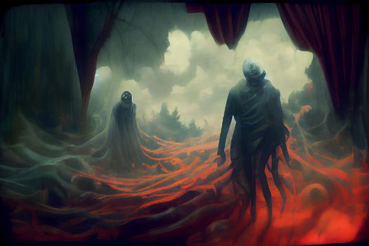 creepy nightmare creature figures in fantasy spooky realm, neural network generated art. Digitally generated image. Not based on any actual scene or pattern.