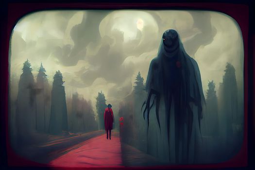 large creepy fantastic nightmare alien creature in front of small red human figure, neural network generated art. Digitally generated image. Not based on any actual scene or pattern.