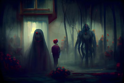 nightmare alien creatures, neural network generated art. Digitally generated image. Not based on any actual scene or pattern.