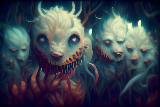 creepy fantastic nightmare alien creatures, neural network generated art. Digitally generated image. Not based on any actual scene or pattern.
