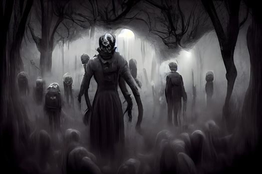 creepy fantastic nightmare alien creatures, neural network generated art. Digitally generated image. Not based on any actual scene or pattern.