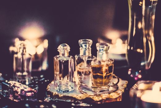 Perfumery, cosmetic branding and spa concept - Perfume bottles and vintage fragrance at night, aroma scent, fragrant cosmetics and eau de toilette as luxury beauty brand, holiday fashion parfum design