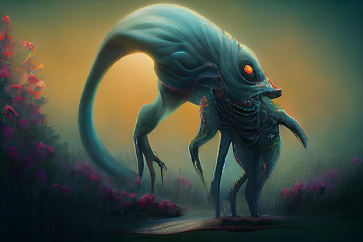 creepy fantastic nightmare alien creature, neural network generated art. Digitally generated image. Not based on any actual scene or pattern.