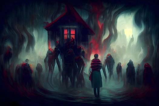 creepy fantastic nightmare alien creatures in front of small house with red glowing window, neural network generated art. Digitally generated image. Not based on any actual scene or pattern.