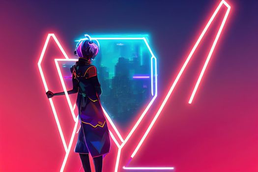 Beautiful Young Female Gamer Plays. High quality 2d illustration