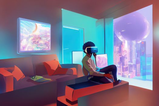 African American man putting on VR. High quality 2d illustration