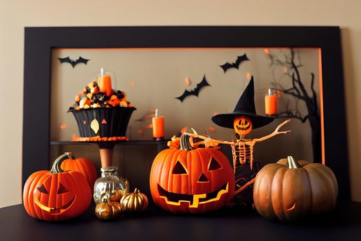 Halloween holiday concept with photo frame, jack o lantern cup, candy corn and decorations on wooden table . High quality 2d illustration