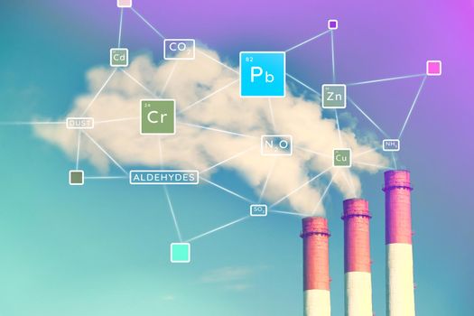 Environmental pollution. Chemical elements in emissions. Cloud polluting air. Environmental problems.