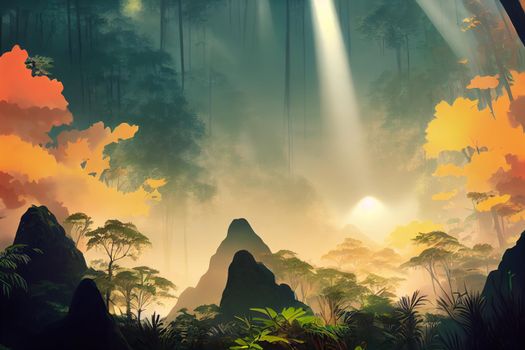 Sun rays falling deep into a thick jungle. High quality 2d illustration