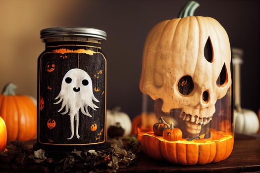 Halloween holiday decoration with ghost in jar and pumpkin with scary face on wooden table . High quality 2d illustration