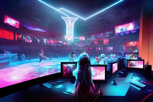 Beautiful Young Female Gamer Plays. High quality 2d illustration