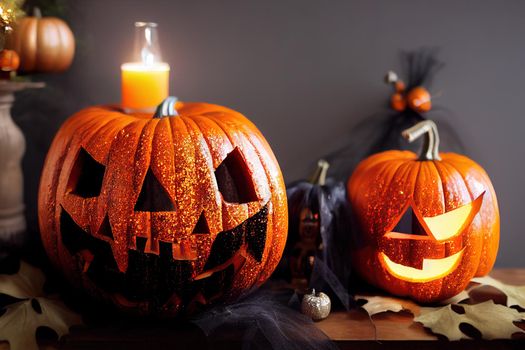 Halloween holiday concept with jack o lantern glitter pumpkin decor on wooden table . High quality 2d illustration