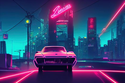 Car and city in neon cyberpunk style. High quality 2d illustration