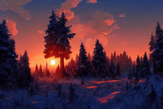Sunset in the wood between the trees strains in winter period. Sunset in the forest. High quality 2d illustration