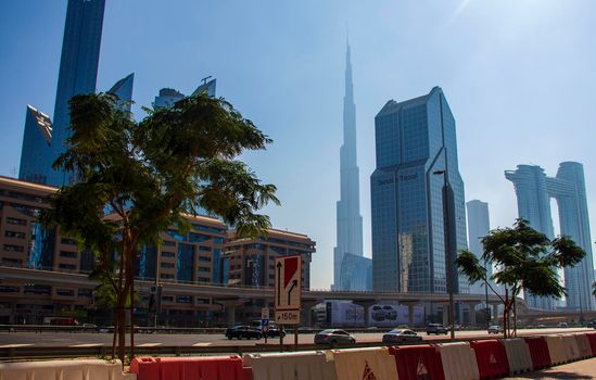 Skyscrapers along the main road of Dubai. UAE.
