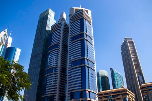 Skyscrapers along the main road of Dubai. UAE.
