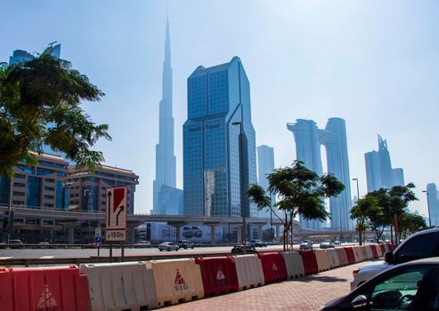 Skyscrapers along the main road of Dubai. UAE.