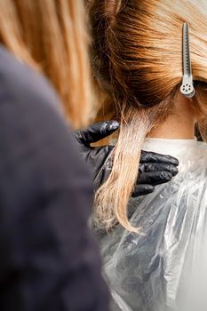 A hairdresser is applying color to the hair of a customer. Hair coloring in a beauty salon. Beauty and people concept. Close-up back view