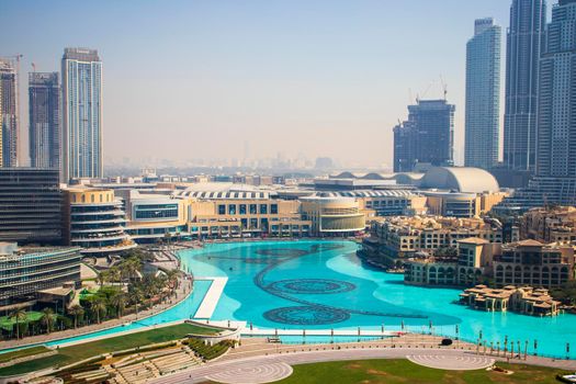 Dubai, UAE - 02.04.2021 Shot of largest shopping mall in the world - Dubai Mall. Also in the picture Burj Khalifa lake and Souq Al Bahar residencies