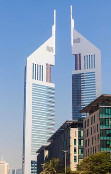 Dubai, UAE - 02.04.2021 Shot of a very well known landmark in Dabai, Emirates towers