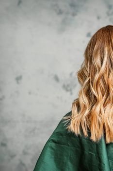 Rear View of a woman with long brown hair against a gray background