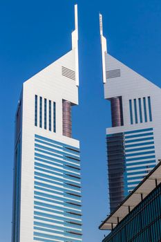 Dubai, UAE - 02.04.2021 Shot of a very well known landmark in Dabai, Emirates towers