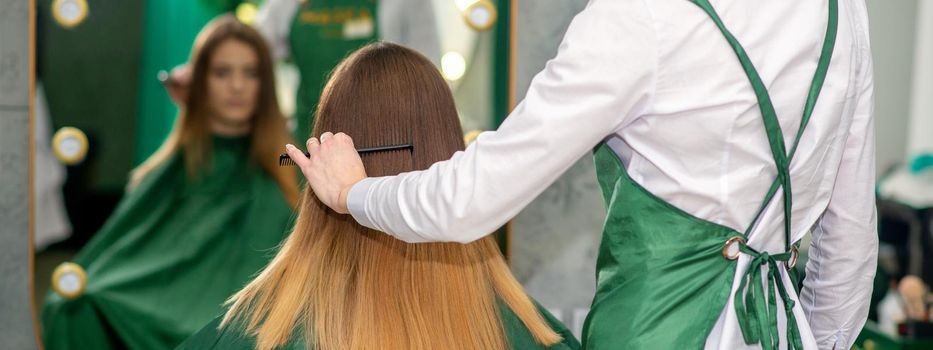 A female hairdresser is combing the long brown hair of a young woman at a parlor