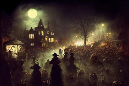 Halloween festival on a terrifying night . High quality 2d illustration