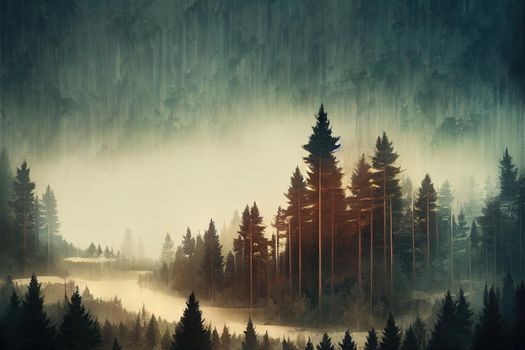 The pine forest in the valley in the morning is very foggy, the atmosphere looks scary. Dark tone and vintage image.. High quality 2d illustration