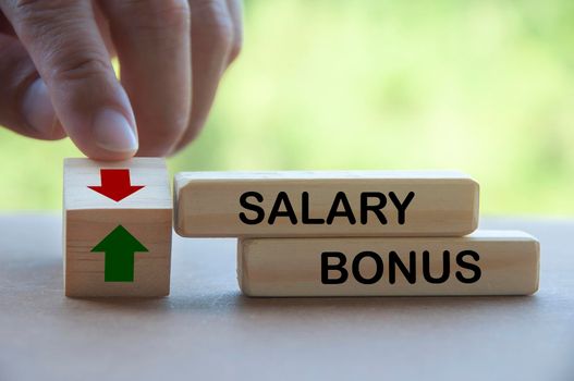 Finger turning wooden block changing the arrow direction up and down for salary and bonus. Salary and bonus increment concept.