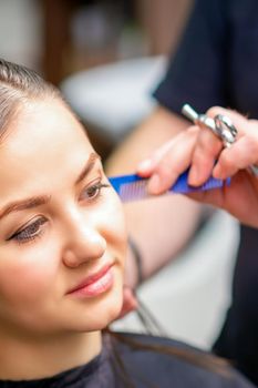 Styling female hair. Male hairdresser makes hairstyle for a young woman in a beauty salon