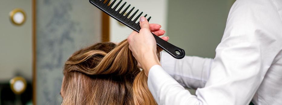 A female hairdresser is combing the long brown hair of a young woman at a parlor