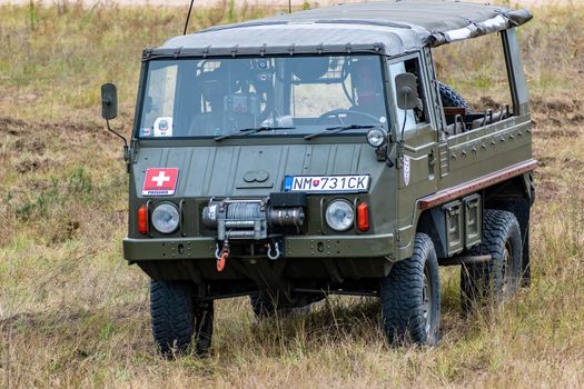 Hodonin - Panov, Czech Republic - July 20, 2022 Military Day Hodonin - Panov. Historical and contemporary military equipment - military vehicle Steyr-Puch Pinzgauer