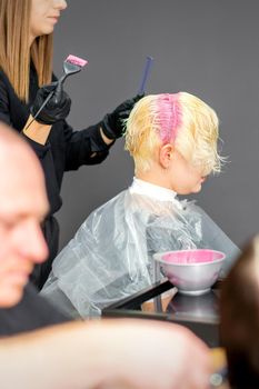 Coloring female hair in the hair salon. Young woman having her hair dyed by beautician at the beauty parlor