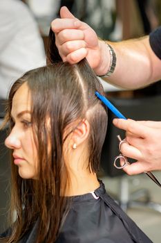 Hairdresser divides female hair into sections with comb holding hair with her hands in hair salon close up