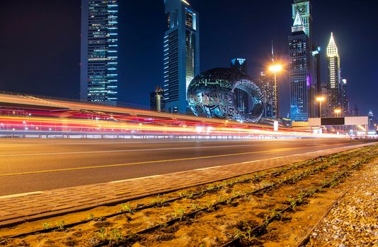 Main road of a United Arab Emirates, Shekh Zayed road. Shot taken in Dubai. Many of famous landmarks can be seen as well as metro station and Museum of future. Outdoors