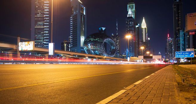Main road of a United Arab Emirates, Shekh Zayed road. Shot taken in Dubai. Many of famous landmarks can be seen as well as metro station and Museum of future. Outdoors