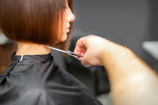 Woman having a new haircut. Male hairstylist cutting brown hair with scissors in a hair salon