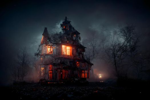 dark haunted house with illuminated windows at spooky misty dark halloween night, neural network generated art. Digitally generated image. Not based on any actual scene or pattern.