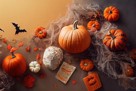 Halloween holiday background with pumpkin and candy. View from above . High quality 2d illustration