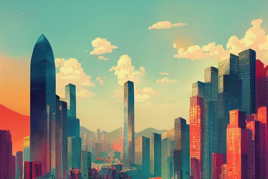 2d stylised painting like illustration of Dili abstract city high quality abstract 2d ilustration.