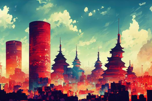 2d stylised painting like illustration of Capital City abstract city high quality abstract 2d ilustration.