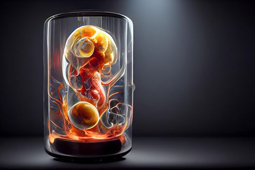 human baby embyo inside incubator breeding tank on gray background, ectogenesis concept, neural network generated art. Digitally generated image. Not based on any actual scene or pattern.