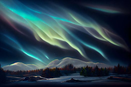 night terrestrial landscape with aurora northem lights in the sky, neural network generated art. Digitally generated image. Not based on any actual scene or pattern.