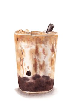 bubble tea drink with tapioca pearls, hand drawn watercolor illustration isolated on white