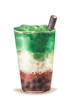 bubble tea drink with tapioca pearls, hand drawn watercolor illustration isolated on white