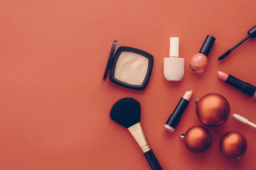 Cosmetic branding, fashion blog cover and girly glamour concept - Make-up and cosmetics product set for beauty brand Christmas sale promotion, vintage orange flatlay background as holiday design