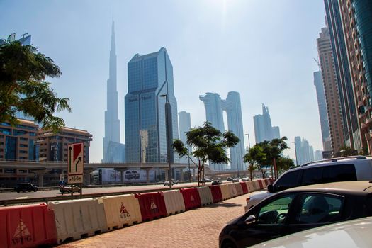 Skyscrapers along the main road of Dubai. UAE.
